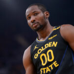 Warriors May 12, 2025; San Francisco, California, USA; Golden State Warriors forward Jonathan Kuminga (00) stands on the court before a play against the Minnesota Timberwolves in the second quarter during game four of the second round for the 2025 NBA Playoffs at Chase Center.