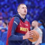 May 18, 2025; Oklahoma City, Oklahoma, USA; Denver Nuggets center Nikola Jokic (15) warms up before game seven of the second round against the Oklahoma City Thunder for the 2025 NBA Playoffs at Paycom Center. Mandatory Credit: Alonzo Adams-Imagn Images