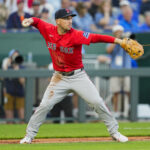May 9, 2025; Kansas City, Missouri, USA; Boston Red Sox third baseman Alex Bregman (2) throws to second base against the Kansas City Royals at Kauffman Stadium. Mandatory Credit: Jay Biggerstaff-Imagn Images