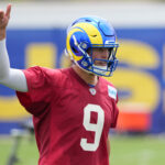 May 28, 2025; Woodland Hills, CA, USA; Los Angeles Rams quarterback Matthew Stafford (9) gestures during organized team activities at Rams Practice Facility. Mandatory Credit: Kirby Lee-Imagn Images
