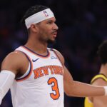 May 29, 2025; New York, New York, USA; New York Knicks guard Josh Hart (3) reacts in the first quarter against the Indiana Pacers during game five of the eastern conference finals for the 2025 NBA Playoffs at Madison Square Garden. Mandatory Credit: Brad Penner-Imagn Images