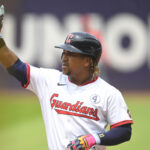 Jun 1, 2025; Cleveland, Ohio, USA; Cleveland Guardians third baseman Jose Ramirez (11) celebrates his single in the first inning against the Los Angeles Angels at Progressive Field. Mandatory Credit: David Richard-Imagn Images