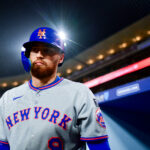 June 3, 2025; Los Angeles, California, USA; New York Mets left fielder Brandon Nimmo (9) before hitting against the Los Angeles Dodgers during the fifth inning at Dodger Stadium. Mandatory Credit: Gary A. Vasquez-Imagn Images