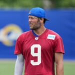 Jun 3, 2025; Woodland Hills, CA, USA; Los Angeles Rams quarterback Matthew Stafford (9) during organized team activities at Rams Practice Facility.