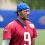 Jun 3, 2025; Woodland Hills, CA, USA; Los Angeles Rams quarterback Matthew Stafford (9) during organized team activities at Rams Practice Facility. Mandatory Credit: Kirby Lee-Imagn Images