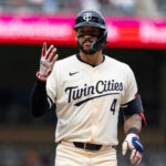 Jun 8, 2025; Minneapolis, Minnesota, USA; Minnesota Twins shortstop Carlos Correa (4) reacts to hitting a single during the eighth inning against the Toronto Blue Jays at Target Field. Mandatory Credit: Jordan Johnson-Imagn Images