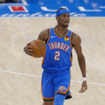 Jun 8, 2025; Oklahoma City, Oklahoma, USA; Oklahoma City Thunder guard Shai Gilgeous-Alexander (2) brings the ball up court against the Indiana Pacers during the first quarter of game two of the 2025 NBA Finals at Paycom Center.