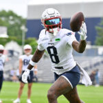 Jun 9, 2025; Foxborough, MA, USA; New England Patriots wide receiver Stefon Diggs (8) tries to catch the ball during minicamp at Gillette Stadium. Mandatory Credit: Eric Canha-Imagn Images