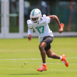 Jun 10, 2025; Miami, FL, USA; Miami Dolphins wide receiver Jaylen Waddle (17) practices during mandatory minicamp at Hard Rock Stadium. Mandatory Credit: Sam Navarro-Imagn Images