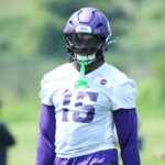 Jun 10, 2025; Minneapolis, MN, USA; Minnesota Vikings linebacker Dallas Turner (15) looks on during minicamp at the Minnesota Vikings Training Facility. Mandatory Credit: Matt Krohn-Imagn Images