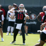 Jun 10, 2025; Santa Clara, CA, USA; San Francisco 49ers quarterback Mac Jones (10) participates in a passing drill during an OTA at Levi's Stadium. Mandatory Credit: D. Ross Cameron-Imagn Images