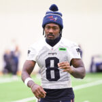Jun 10, 2025; Foxborough, MA, USA; New England Patriots wide receiver Stefon Diggs (8) walks to the podium to speak to the media after minicamp held in the WIN Field House at Gillette Stadium. Mandatory Credit: Eric Canha-Imagn Images