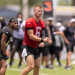 Jun 10, 2025; New Orleans, LA, USA; New Orleans Saints quarterback Tyler Shough (6) gives a play call at the line during minicamp at Ochsner Sports Performance Center. Mandatory Credit: Stephen Lew-Imagn Images