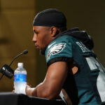 Jun 10, 2025; Philadelphia, PA, USA; Philadelphia Eagles running back Saquon Barkley (26) addresses media during a press conference at NovaCare Complex. Mandatory Credit: Kyle Ross-Imagn Images