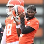 Jun 12, 2025; Berea, OH, USA; Cleveland Browns quarterback Shedeur Sanders (12) listens to a play call during mini camp at CrossCountry Mortgage Campus. Mandatory Credit: Ken Blaze-Imagn Images