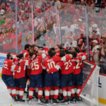 Jun 17, 2025; Sunrise, Florida, USA; The Florida Panthers celebrate after winning game six of the 2025 Stanley Cup Final against the Edmonton Oilers at Amerant Bank Arena. Mandatory Credit: Sam Navarro-Imagn Images