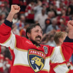 NHL Free Agency - Jun 17, 2025; Sunrise, Florida, USA; Florida Panthers center Brad Marchand (63) celebrates with his teamates after winning game six of the 2025 Stanley Cup Final against the Edmonton Oilers at Amerant Bank Arena. Mandatory Credit: Jim Rassol-Imagn Images