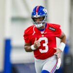 Jun 18, 2025; East Rutherford, NJ, USA; New York Giants quarterback Russell Wilson (3) warms up during minicamp at Quest Diagnostics Training Center. Mandatory Credit: John Jones-Imagn Images