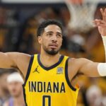 Jun 19, 2025; Indianapolis, Indiana, USA; Indiana Pacers guard Tyrese Haliburton (0) reacts after a play against the Oklahoma City Thunder during the first half of game six of the 2025 NBA Finals between the Oklahoma City Thunder and the Indiana Pacers at Gainbridge Fieldhouse. Mandatory Credit: Kyle Terada-Imagn Images