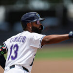 Jun 21, 2025; Tampa, Florida, USA; Tampa Bay Rays third baseman Junior Caminero (13) runs the bases after hitting a home run against the Detroit Tigers in the fourth inning at George M. Steinbrenner Field. Mandatory Credit: Nathan Ray Seebeck-Imagn Images