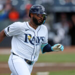 Jun 22, 2025; Tampa, Florida, USA; Tampa Bay Rays third baseman Junior Caminero (13) singles against the Detroit Tigers in the sixth inning at George M. Steinbrenner Field. Mandatory Credit: Nathan Ray Seebeck-Imagn Images MLB All-Star Game