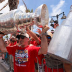 Jun 22, 2025; Fort Lauderdale, Florida, UNITED STATES; Florida Panthers center Brad Marchand (63) celebrates with the Stanley Cup during the Stanley Cup championship parade and rally. Mandatory Credit: Sam Navarro-Imagn Images