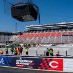 Construction of the baseball field in progress during a media event at Bristol Motor Speedway on June 24, 2025, ahead of the MLB Speedway Classic game between the Atlanta Braves and the Cincinnati Reds held at the racetrack.
