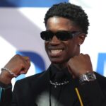 76ers pick VJ Edgecombe - Jun 25, 2025; Brooklyn, NY, USA; VJ Edgecombe arrives before the first round of the 2025 NBA Draft at Barclays Center. Mandatory Credit: Brad Penner-Imagn Images