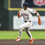 Jun 25, 2025; Houston, Texas, USA; Houston Astros shortstop Jeremy Pena (3) scores off of a single from third baseman Isaac Paredes (15) during in the first inning against the Philadelphia Phillies at Daikin Park. Mandatory Credit: Maria Lysaker-Imagn Images