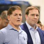 Jun 27, 2025; Dallas, TX, USA; Dallas Mavericks minority owner Mark Cuban (left) and Mavericks governor Patrick Dumont (right) looks on a press conference at the Dallas Mavericks Practice Facility. Mandatory Credit: Jerome Miron-Imagn Images