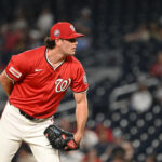 Jul 2, 2025; Washington, District of Columbia, USA; Washington Nationals relief pitcher Kyle Finnegan (67) prepares to throw a pitch against the Detroit Tigers during the ninth inning at Nationals Park.