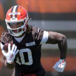 Cleveland Browns running back Quinshon Judkins runs during a Browns rookie minicamp drill at the team's training facility May 9, 2025, in Berea, Ohio.