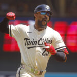 Jul 6, 2025; Minneapolis, Minnesota, USA; Minnesota Twins center fielder Byron Buxton (25) runs the bases on his solo home run in the first inning at Target Field. Mandatory Credit: Bruce Kluckhohn-Imagn Images