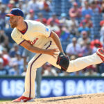 Jul 6, 2025; Philadelphia, Pennsylvania, USA; Philadelphia Phillies pitcher Zack Wheeler (45) follows through on a pitch during the ninth inning against the Cincinnati Reds at Citizens Bank Park. Mandatory Credit: Eric Hartline-Imagn Images
