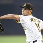 Jul 7, 2025; San Diego, California, USA; San Diego Padres starting pitcher Yu Darvish (11) delivers during the first inning against the Arizona Diamondbacks at Petco Park. Mandatory Credit: Denis Poroy-Imagn Images