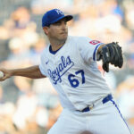 Jul 8, 2025; Kansas City, Missouri, USA; Kansas City Royals starting pitcher Seth Lugo (67) pitches during the first inning against the Pittsburgh Pirates at Kauffman Stadium. Mandatory Credit: Jay Biggerstaff-Imagn Images