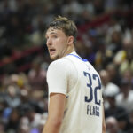 Jul 10, 2025; Las Vegas, NV, USA; Dallas Mavericks forward Cooper Flagg (32) looks on against the Los Angeles Lakers in the second quarter of their game at Thomas & Mack Center.