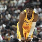 Jul 10, 2025; Las Vegas, NV, USA; Los Angeles Lakers guard Bronny James (9) prepares for the start of the second quarter against the Dallas Mavericks at Thomas & Mack Center. Mandatory Credit: Candice Ward-Imagn Images