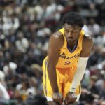Jul 10, 2025; Las Vegas, NV, USA; Los Angeles Lakers guard Bronny James (9) prepares for the start of the second quarter against the Dallas Mavericks at Thomas & Mack Center.