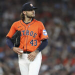 Jul 11, 2025; Houston, Texas, USA; Houston Astros starting pitcher Lance McCullers Jr. (43) reacts after a pitch during the first inning against the Texas Rangers at Daikin Park. Mandatory Credit: Troy Taormina-Imagn Images