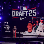 Jul 13, 2025; Atlanta, GA, USA; Ethan Holliday is drafted by the Colorado Rockies with the fourth pick during the first round of the MLB Draft at The Coca-Cola Roxy. Mandatory Credit: Brett Davis-Imagn Images