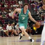 Jul 14, 2025; Las Vegas, NV, USA; Charlotte Hornets guard Kon Knueppel (7) dribbles the ball against the Dallas Mavericks during the second half of a NBA basketball game at the Thomas & Mack Center. Mandatory Credit: Lucas Peltier-Imagn Images