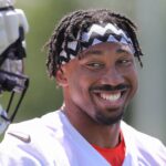 Cleveland Browns defensive end Myles Garrett flashes a smile during training camp July 29, 2022, in Berea, Ohio.