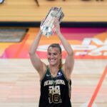 New York Liberty's Sabrina Ionescu (20) celebrates Friday, July 18, 2025, after winning the WNBA All-Star 3-point contest at Gainbridge Fieldhouse in Indianapolis.