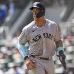 Jul 20, 2025; Cumberland, Georgia, USA; New York Yankees right fielder Aaron Judge (99) shown after scoring a run against the Atlanta Braves during the seventh inning at Truist Park. Mandatory Credit: Dale Zanine-Imagn Images