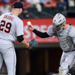 Jul 20, 2025; Arlington, Texas, USA; Detroit Tigers catcher Dillon Dingler (13) hands the ball to pitcher Tarik Skubal (29) during the fifth inning against the Texas Rangers at Globe Life Field. Mandatory Credit: Tim Heitman-Imagn Images