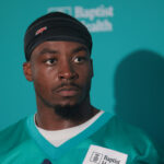 Jul 23, 2025; Miami Gardens, FL, USA; Miami Dolphins cornerback Kader Kohou (4) speaks to reporters during training camp at Baptist Health Training Complex.
