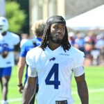 Jul 23, 2025; Rochester, NY, USA; Buffalo Bills running back James Cook (4) on the field during training camp at St. John Fisher University. Mandatory Credit: Mark Konezny-Imagn Images