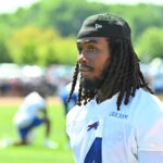 Jul 23, 2025; Rochester, NY, USA; Buffalo Bills running back James Cook (4) on the field during training camp at St. John Fisher University.