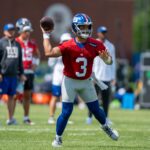 New York Giants quarterback Russell Wilson (3) looks to throw the ball during day one of the New York Giants training camp at Quest Diagnostics Giants Training Center in East Rutherford on Wednesday, July 23, 2025.
